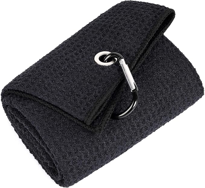 Mile High Life Microfiber Waffle Pattern Golf Towel | Club Groove Cleaner Brush | Foldable Divot Tool with Magnetic Ball Marker (Black Towel/Brush/Bone Divot)