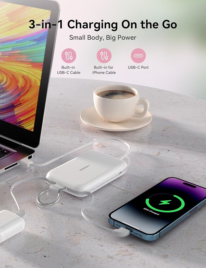 RORRY Portable Charger, 10000mAh PD 30W Fast Charging Portable Charger Power Bank with Built-in Cables, Travel Keychain Charger Battery Pack for iPhone 17/16/15/14/13/12, for AirPods 2/3/4/Pro, Black