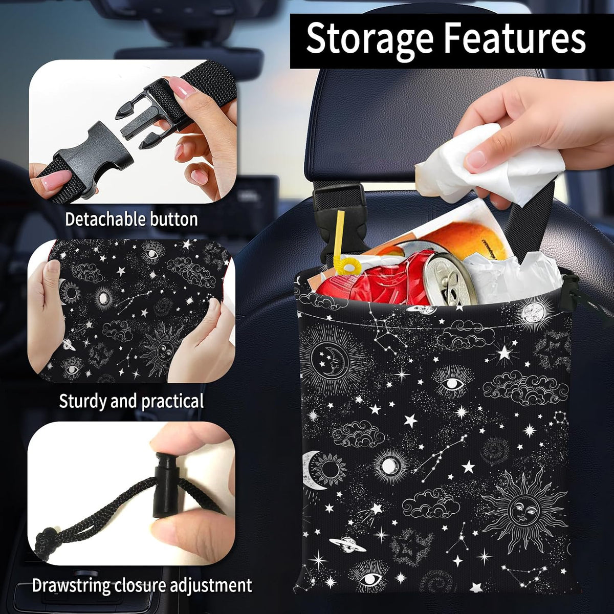 Car Trash Bag Large Hanging Can for Back of Seat, Cute Waterproof Car Garbage Bag for Vehicle, Travelling, Outdoor Cute Black White Universe