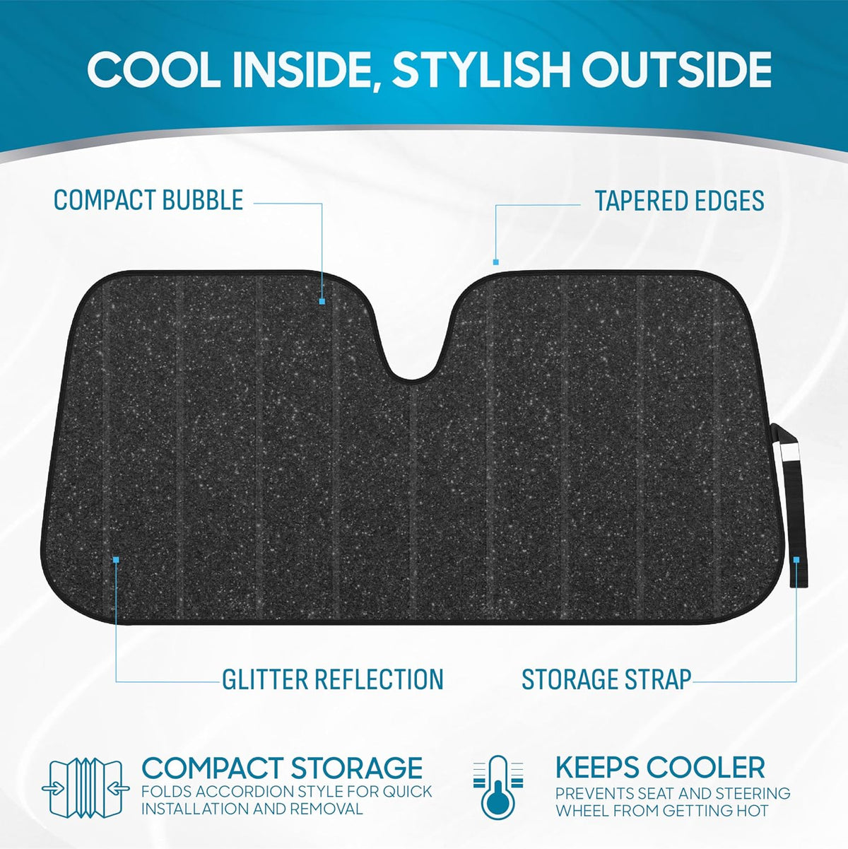 BDK-AS-2511 Front Windshield Shade-Accordion Folding Auto Sunshade for Car Truck SUV-Blocks UV Rays Sun Visor Protector-Keeps Your Vehicle Cool-57 x 27 Inch, Black Glitter