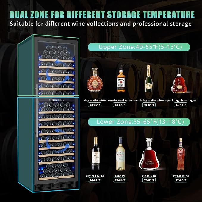 200 Bottle Dual Zone Wine Fridge, 24 Inch Large Wine Cooler Refrigerator Built-In or Freestanding, Tall Wine Cooler with Upgraded Compressor, Temperature Memory, Low Noise and Fast Cooling