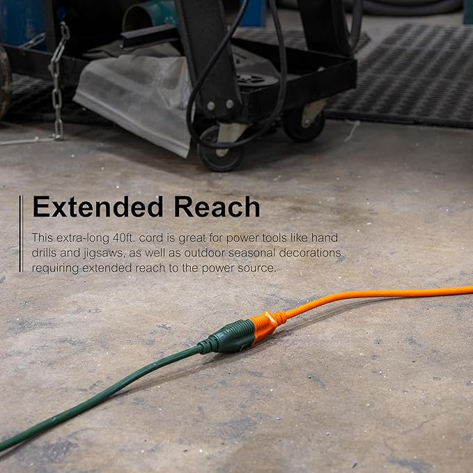 GE Outdoor Extension Cord, 40 Ft, Grounded Heavy Duty Extension Cord, 16AWG 3 Prong Extension Cord Outdoor, Outside Extension Cord, Long Extension Cord ETL Listed, Green Outdoor Extension Cord 81601