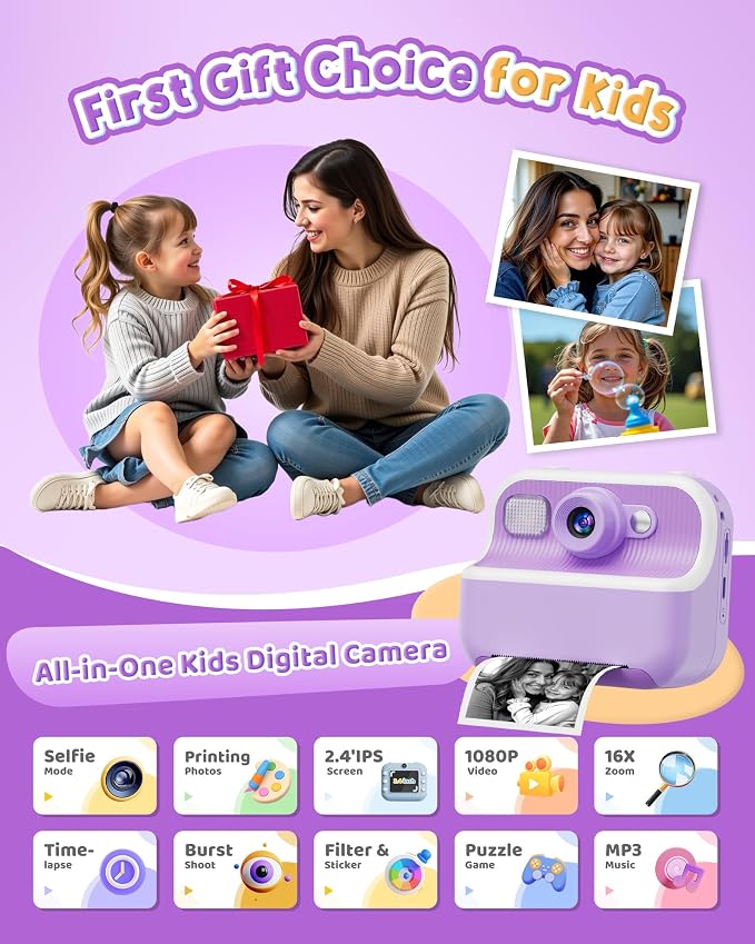 Instant Camera, Front Rear Dual Selfie Kids Camera