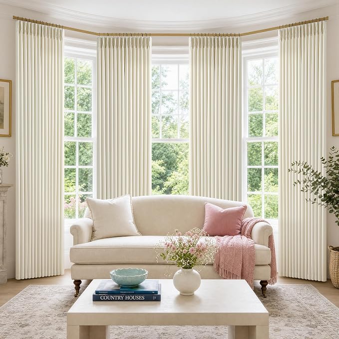 Cream Beige Pinch Pleated Linen Curtains 120 Inch 4 Panels Set