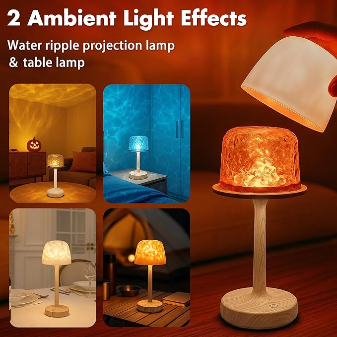 Waterproof Shower Lamp for Inside Shower, Rechargeable Bathroom Lamp with Remote & Touch Control, Cordless Shower Light with 16 Color Changeable, LED Ocean Wave Projector Light for Bedroom, Wood Grain