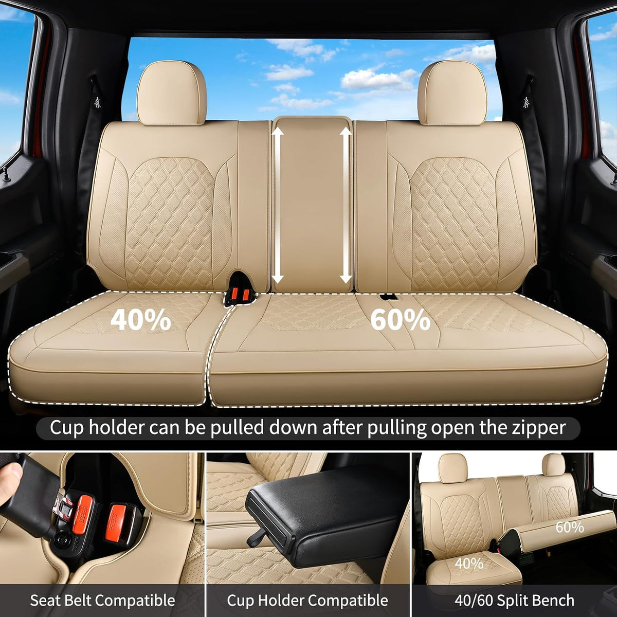 Huidasource F250 Rear Seat Covers, Beige Leather Back Seat Cushion Cover Fit for Ford F150 2015-2026&F250 F350 F450 2017-2026 Crew Cab XL XLT Lariat King Ranch Platinum, Split Rear Seat Cover