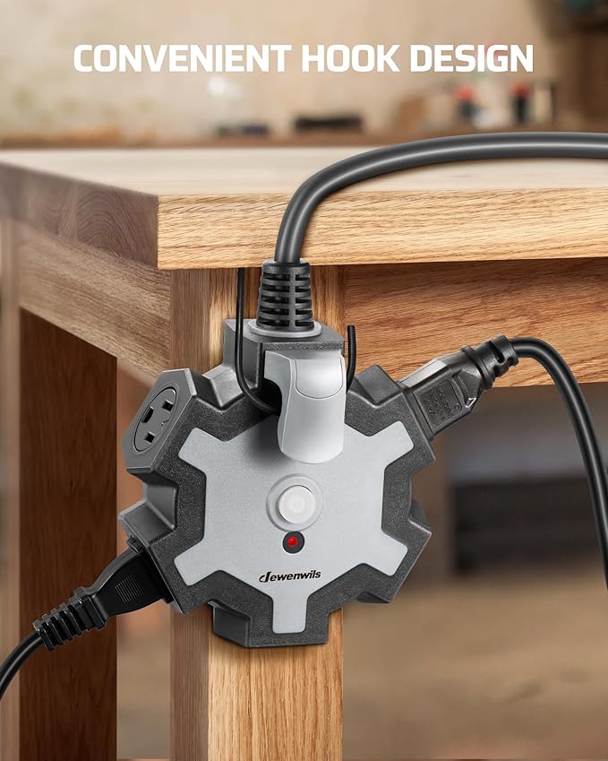 DEWENWILS Industrial Power Strip with 5-Outlet, 15FT Heavy Duty Extension Cord for Garage, Workshop, ETL Listed, 14/3 AWG SJTW, Circuit Breaker, Swivel Safety Covers