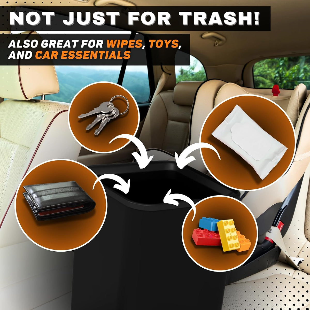 Car Trash Can with Stability Wings – Leakproof Portable Garbage Bin for Fabric & Rubber Mats – Compact Durable Plastic Auto Organizer for Cars, SUVs, Trucks (Black, Medium)