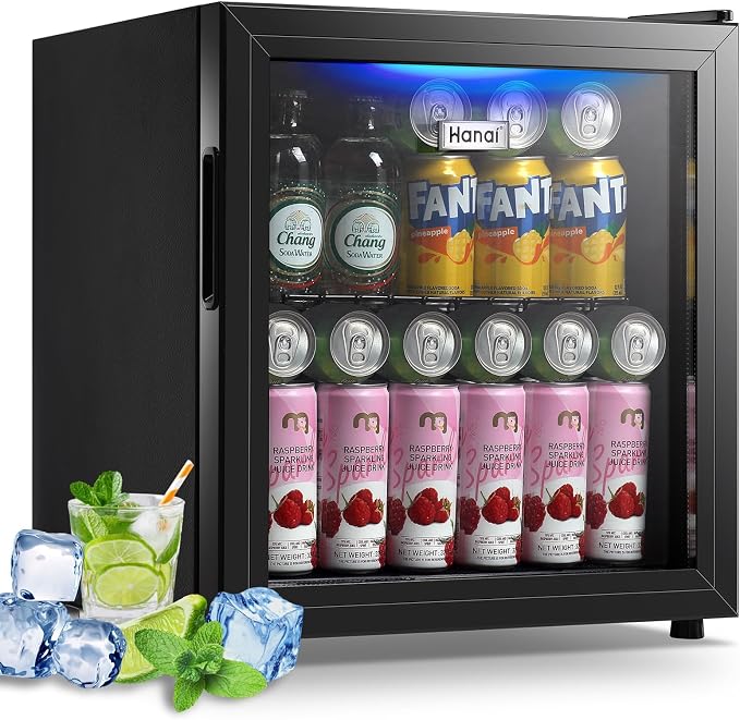 Mini Fridge Cooler 60 Can Beverage Refrigerator Black Mini Beer Fridge Glass Door for Wine Soda Juice Small Drink Cooler Machine Clear Front Removable for Home Office Bar Freestanding