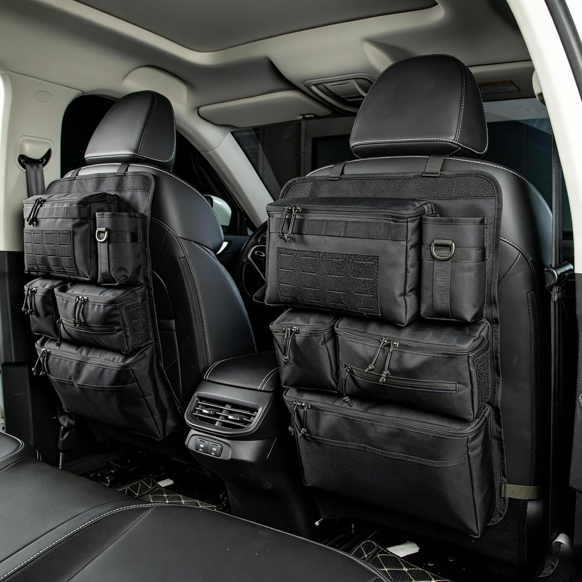 One-Piece Universal Car Seat Back Organizer with Tissue & Water Bottle Bag | Tactical Molle Car Backseat Organizer, Multi Separate Storage Compartments,for Car Truck Pickups SUVs