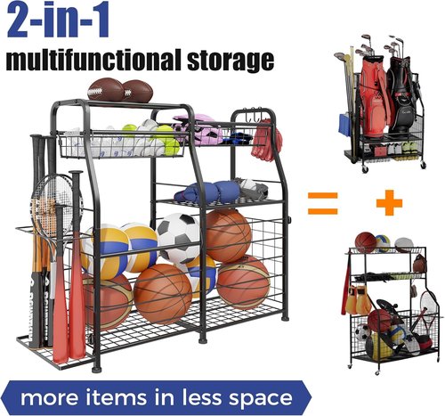 Garage Sports Equipment Organizer - Mobile Ball Storage Rack with Elastic Rope | Indoor/Outdoor Gear Storage, Black