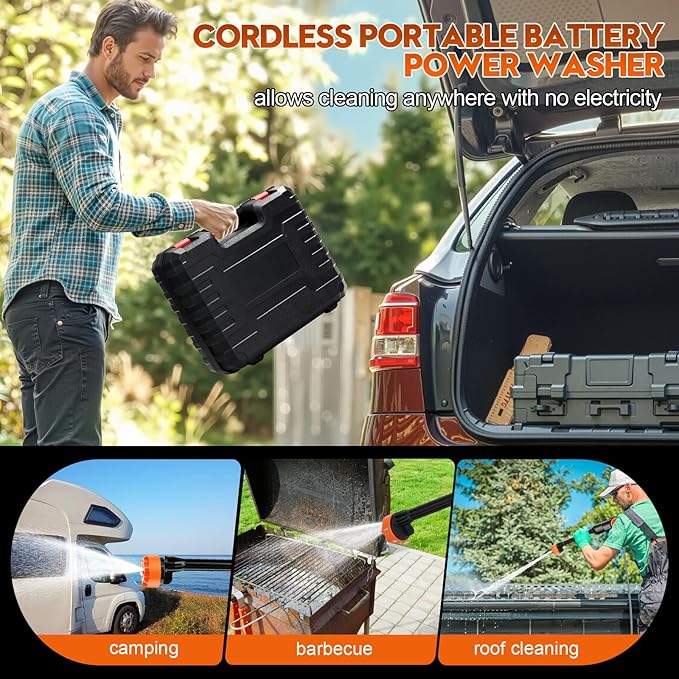 Portable Pressure Washer, Cordless Power Washer Battery Powered, Handheld Car Washer with 6-in-1 Nozzle,17FT Drain Hose, Power Cleaner for Patio Floor Fence Deck Indoor