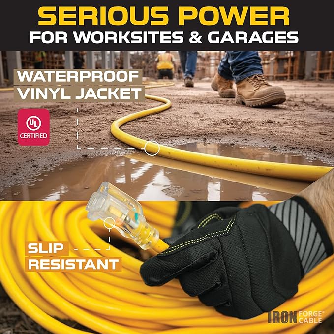 Iron Forge Cable 10 Foot Lighted Outdoor Extension Cord - 12/3 SJTW Heavy Duty Yellow Extension Cable with 3 Prong 15 AMP Grounded Plug for Safety