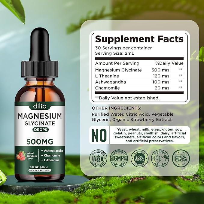Magnesium Glycinate Supplement, Magnesium Liquid Drops with Magnesium Glycinate 500mg Ashwagandha, L - Theanine, Chamomile -Support Stress Relief, Bone, Muscle, Mood Vegan Natural Strawberry Flavor