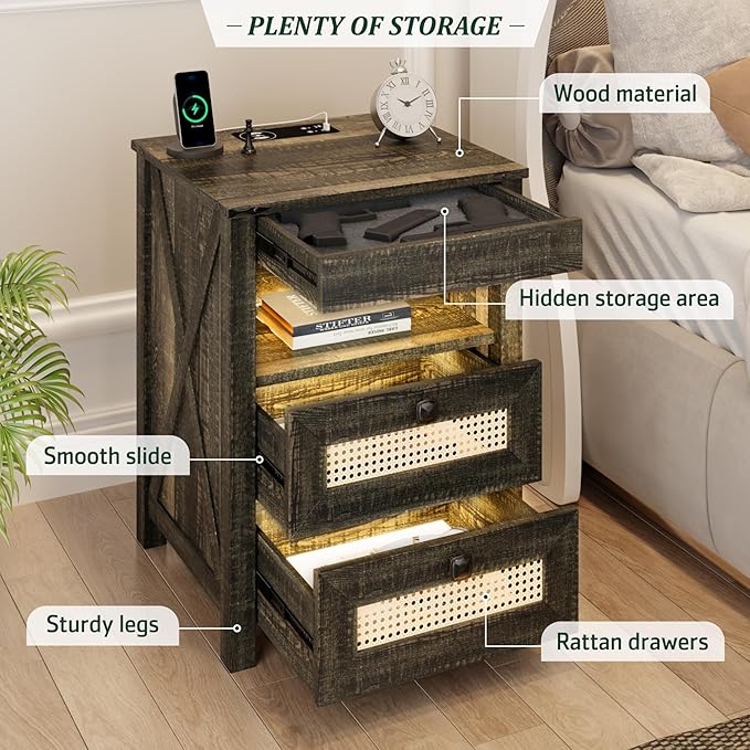 Night Stand with Gun Drawer, Bedside Table with Charging Station & LED Light, Gun Nightstand for Bedroom Living Room, Farmhouse End Table, Rustic