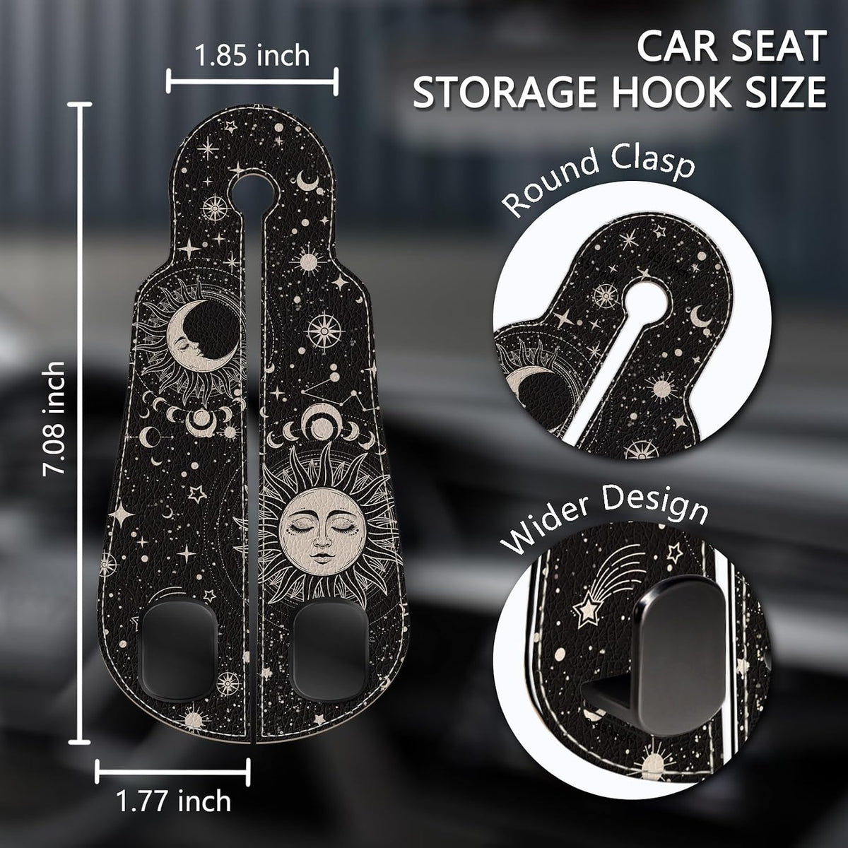 Blusabaca 2PCS Car Seat Back Storage Headrest Hooks, Sun and Moon Purse Holder Bags Hanger, PU Leather Double Metal Hook for Backseat Organizer, Women Car Accessories Organization