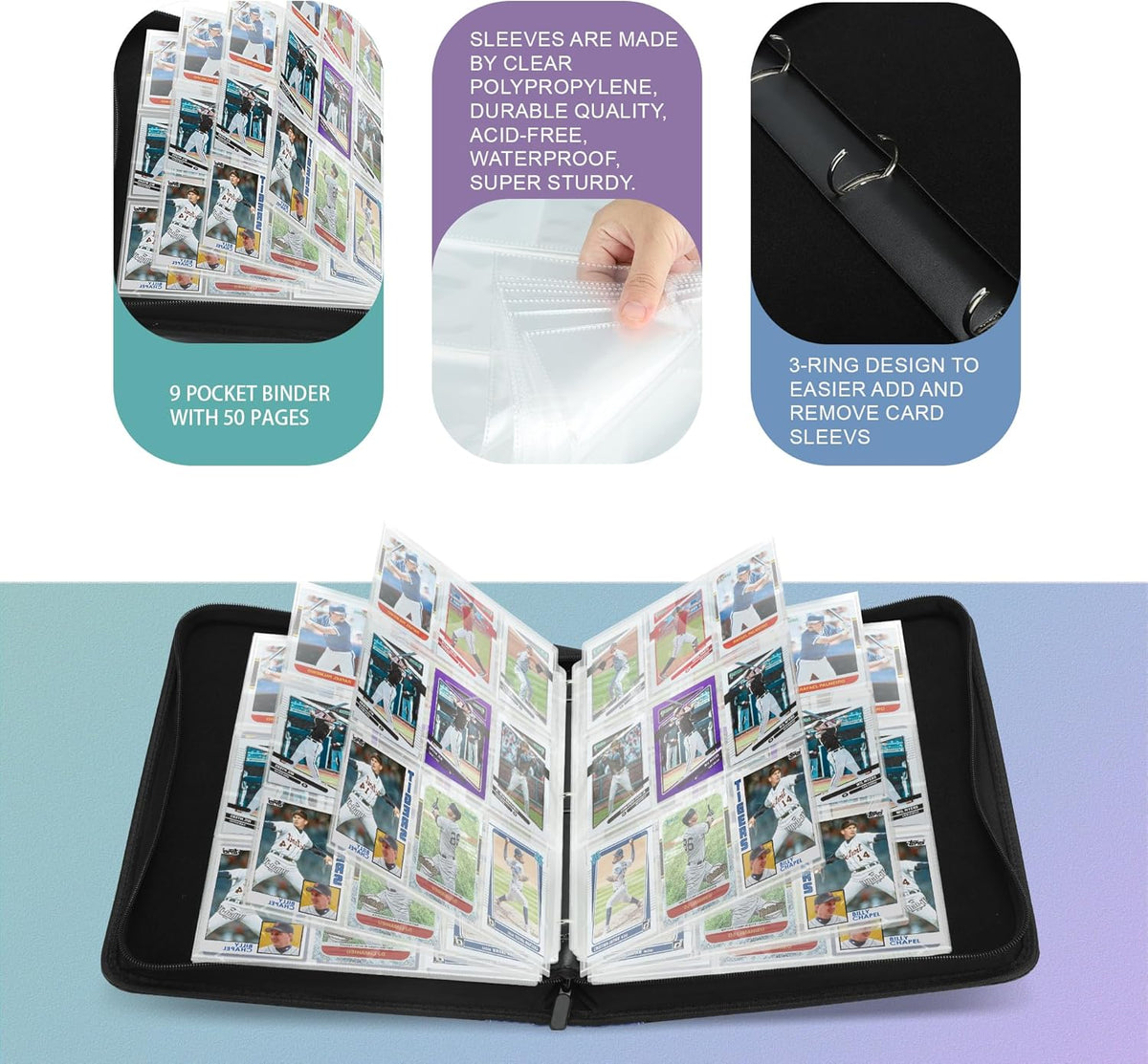 Skiennix 9-Pocket Trading Card Binder - Durable PU Organizer for Sports Cards, MTG & TCG (Blue)