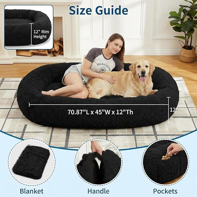GarveeHome Human Sized Dog Bed, 71" x 45" x 12" Large Dog Bed with 2 Storage Pockets, Fluffy Faux Fur Orthopedic Pet Bean Bed for Adults & Giant Pets - Pink