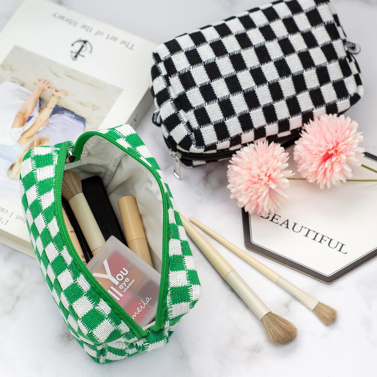 Checkered Makeup Bag for Purse, Small Travel Cosmetic Pouch,Green,6 Pack