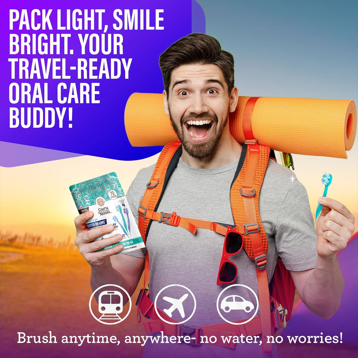 GuruNanda Mini Disposable Toothbrushes with Toothpaste & Toothpick, Prepasted Ready-to-Go Travel Toothbrush with Butter on Gums Bristles - Fluoride Free, No Rinsing, Individually Wrapped, 70 Ct