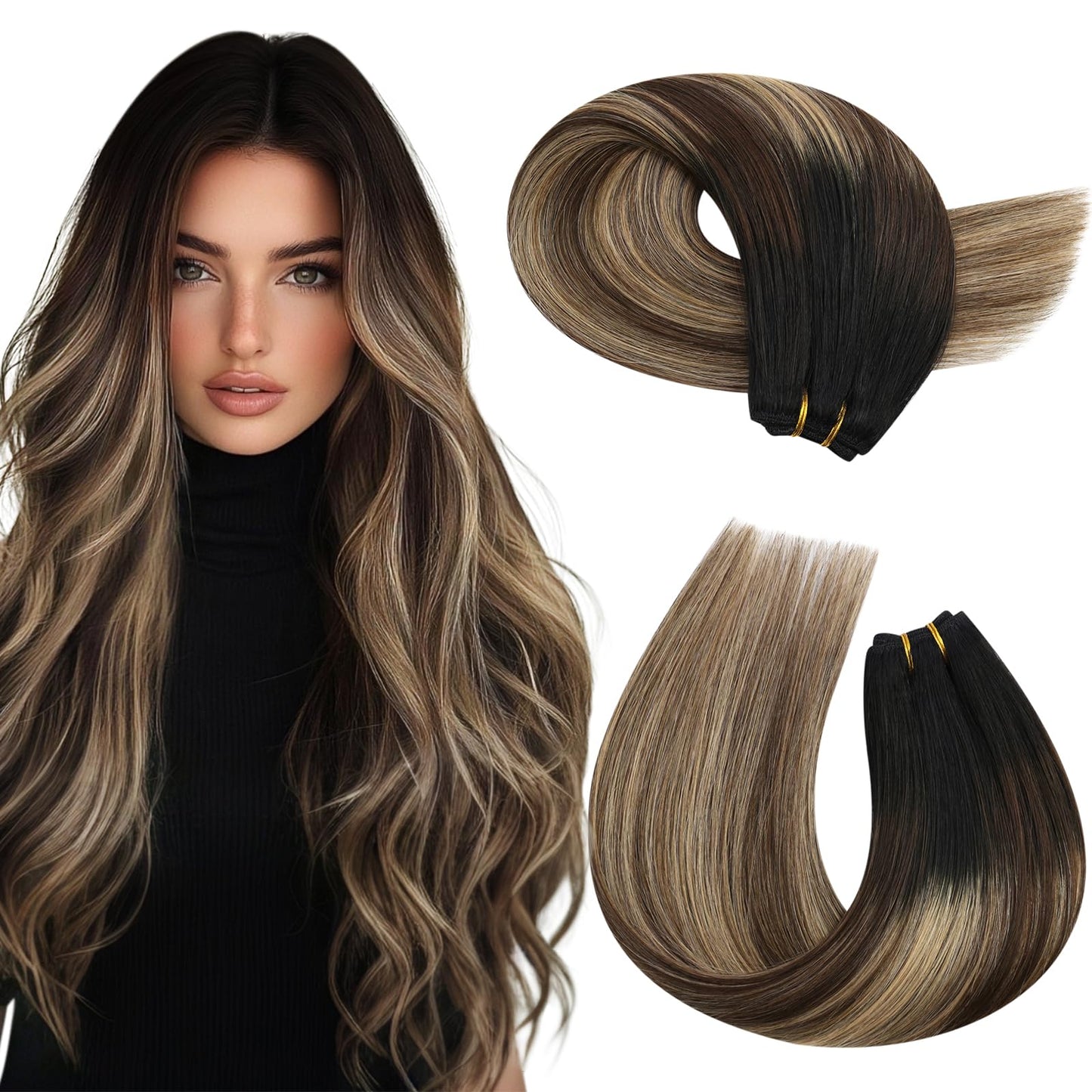 Moresoo Sew In Hair Extensions Human Hair Black To Brown Mix Caramel Blonde Balayage Sew In Weft Hair Extensions Human Hair Ombr