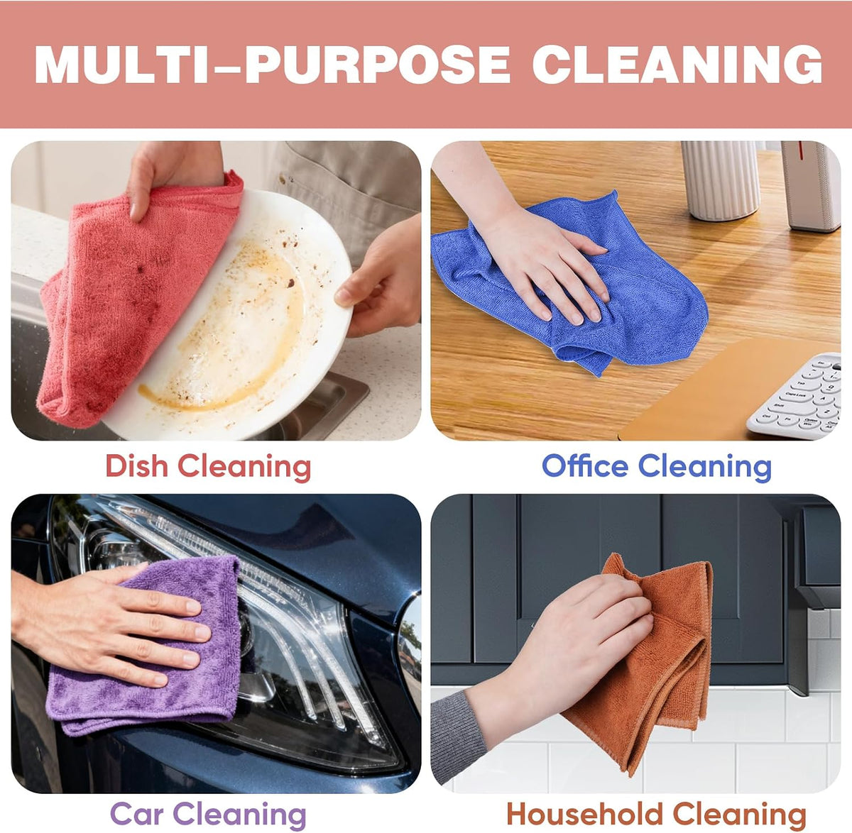 TEAWOO 10 Colors Microfiber Cleaning Cloths, 50 Pack Assorted Cleaning Rags, Highly Absorbent Microfiber Towels for Car, Kitchen, Bathroom and Household Cleaning, 11.8"X11.8"