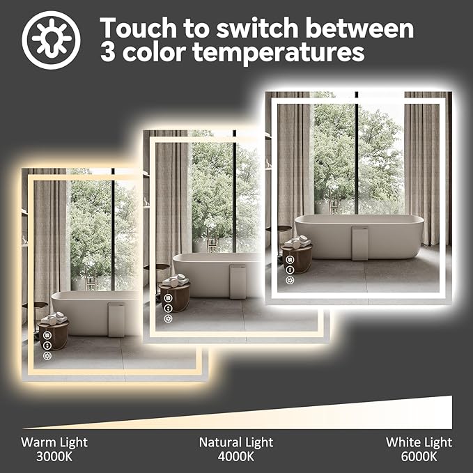 LED Bathroom Mirror 28x32 Inch Anti-Fog Bathroom Mirror with Lights, Wall Mounted Lighted Vanity Mirrors, Dimmable, Backlit + Front Lit, Smart Bathroom Vanity Mirror with 3 Colors Temperature