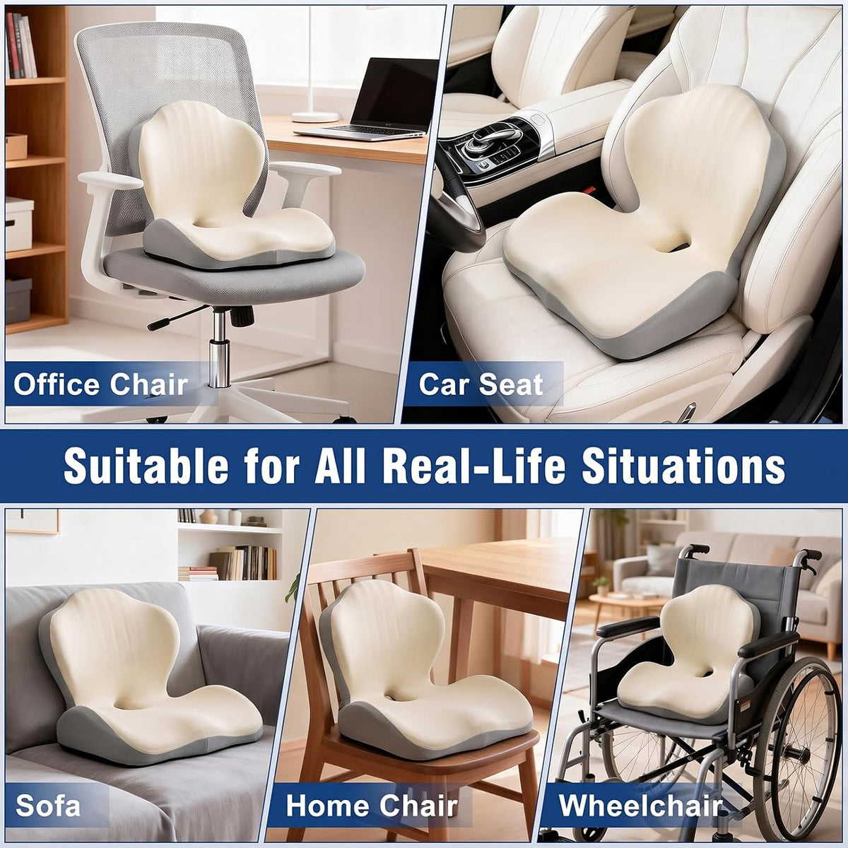 Car Seat Cushion with Lumbar Support Pillow, Memory Foam Office Chair Cushion for Back Pain Sciatica Pain Relief, Ergonomic L-Shaped Seat Cushion for Car Truck Driving Office Chair Home (White Gray)