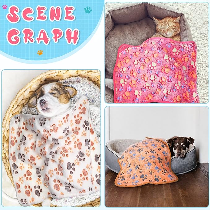 Tatuo 4 Pcs Dog Blanket for Pet Cat Blankets Indoor Puppy Teething Stuff Toys Paw Print Fleece Soft Blanket Sleep Mat for Guinea Pig Cage(White,X-Large(41 x 30 Inch),Square)