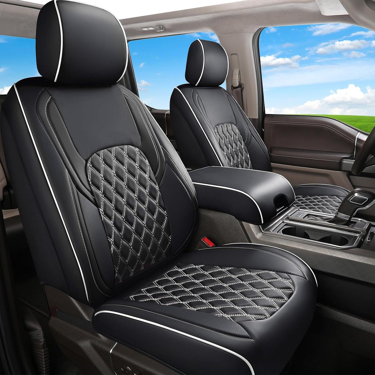 Huidasource Tacoma Front Seat Covers Fit for Toyota Tacoma 2016-2023 All Cab SR,SR5, Limited,TRD Pro, TRD Sport, TRD Off-Road Front Row, 360° Full Wrap Leather Car Seat Cushion Cover, Black&White