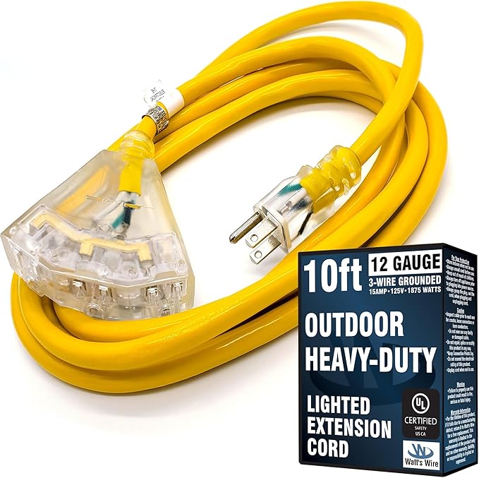 10 ft Outdoor Extension Cord Waterproof - 12 Gauge Heavy Duty Extension Cord Splitter Outdoor 10 ft - Lighted Outdoor Extension Cords with Multiple Outlets - Watts Wire - 10' Grounded