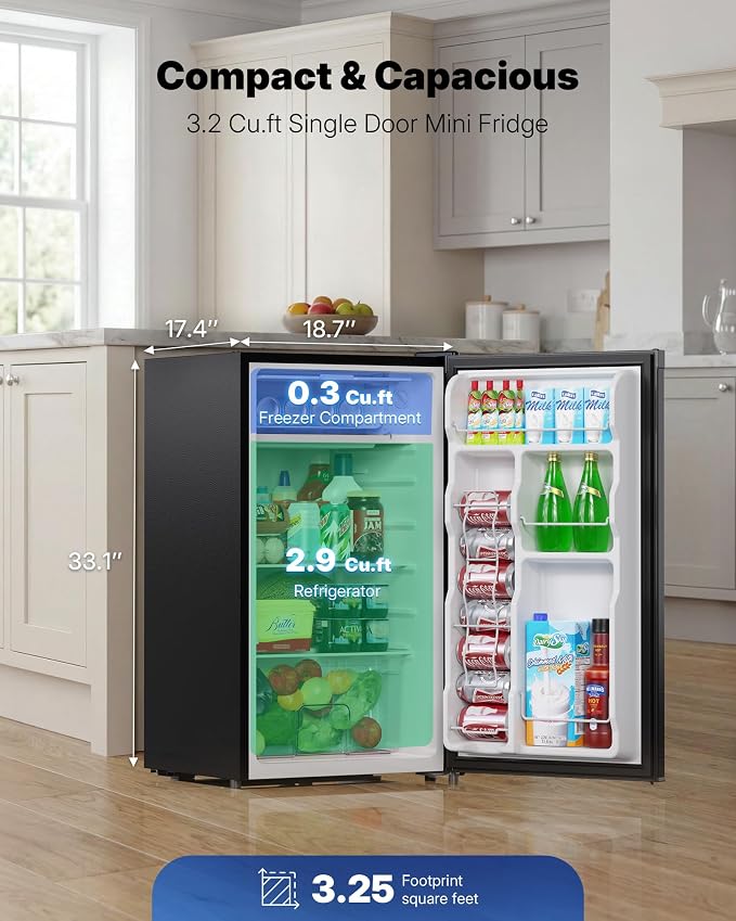 Upstreman 3.2 Cu.Ft Mini Fridge with Freezer, Black-BR321 | Adjustable Thermostat, Energy Saving, Low Noise, Reversible Door, Small Refrigerator for Dorm, Bedroom, Office