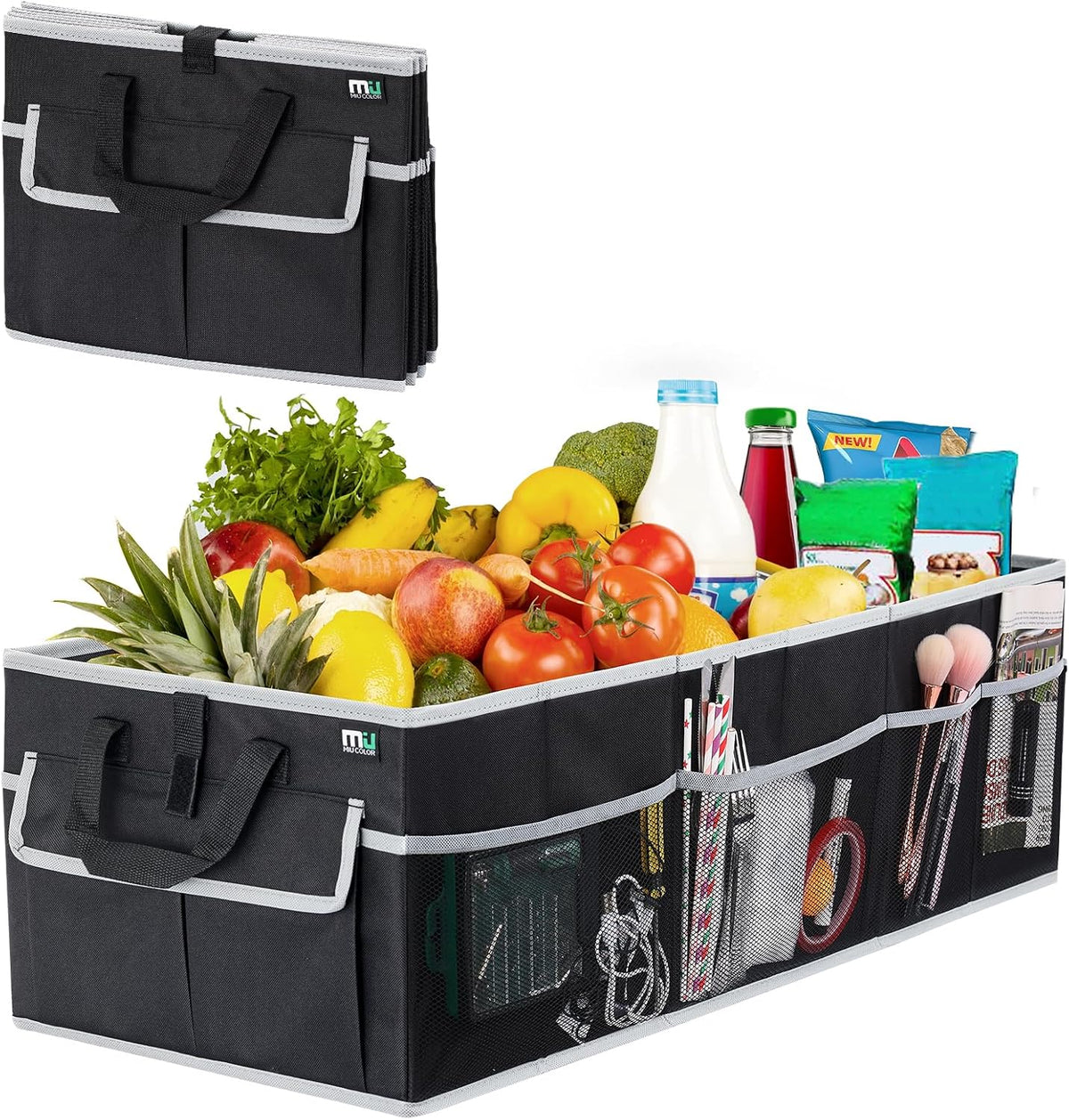 MIU COLOR Trunk Organizer for Car, SUV Trunk Organizer, 12 Pockets, Non-Slip Bottom, Sturdy Oxford Car Organizer for Sedans, Van, Jeep, Grocery, Large 3 Compartments, Black Gray, 32"×13"×10.6"