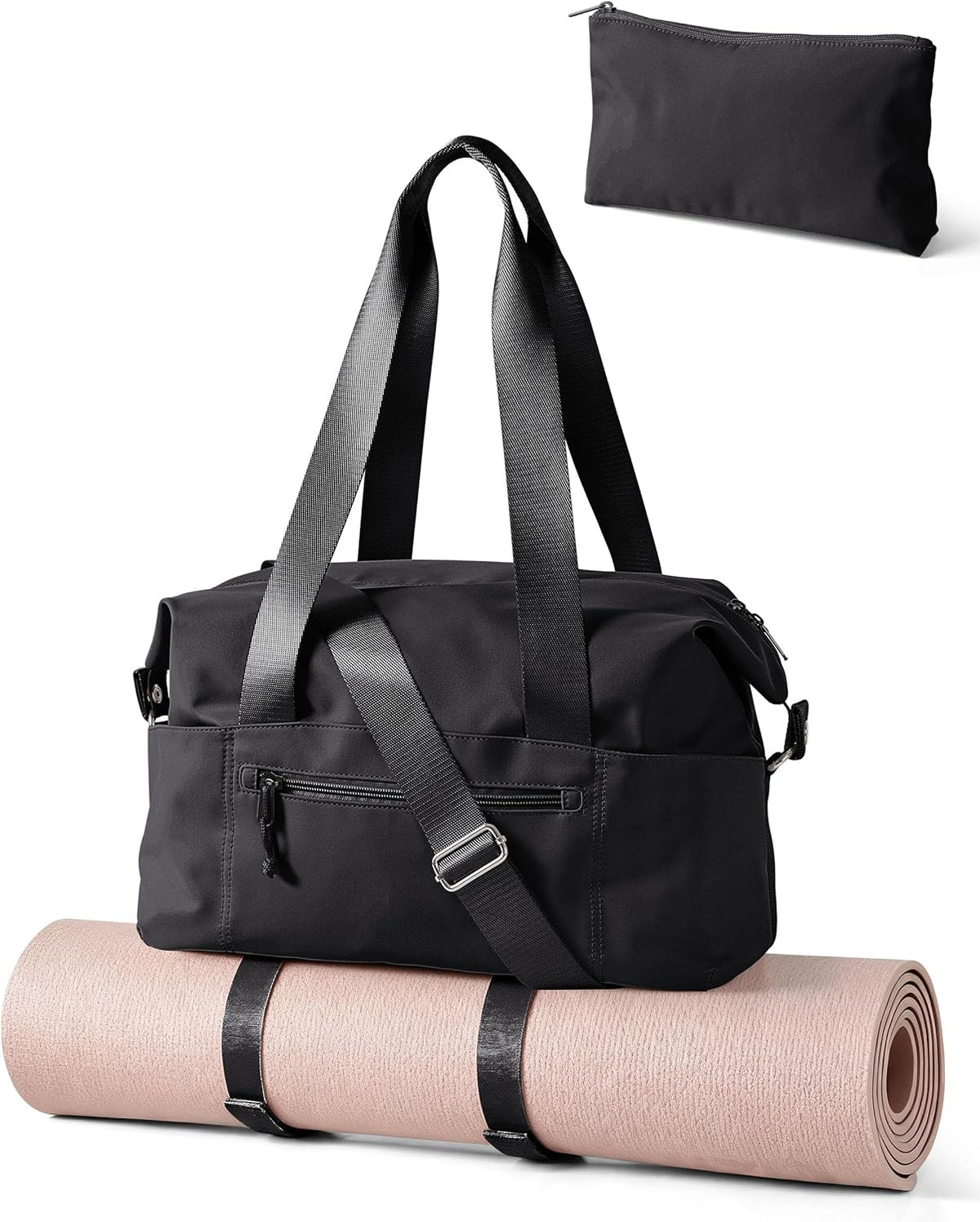 Smasrob Small Gym Bag - Yoga Mat Holder, Wet Pocket & Pouch | Black Duffle for Women with Crossbody Strap