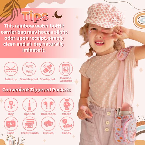 2ooya Water Bottle Carrier for Kids Boho Rainbow Water Bottle Holder with Strap Cute Cartoon Sling Bag with Padded Strap Pocket 10/12/14/16/18Oz for Girls School Walking Hiking Camping Trip