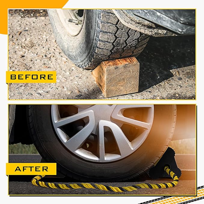 2 Pair Heavy Duty Wheel Chocks for RV Trailer, Rubber Wheel Stoppers, Dual Blocks Front and Back, Non Slip Tire Chock with Nylon Rope Reflective Tape for RVs Travel Trailers Car(Yellow)