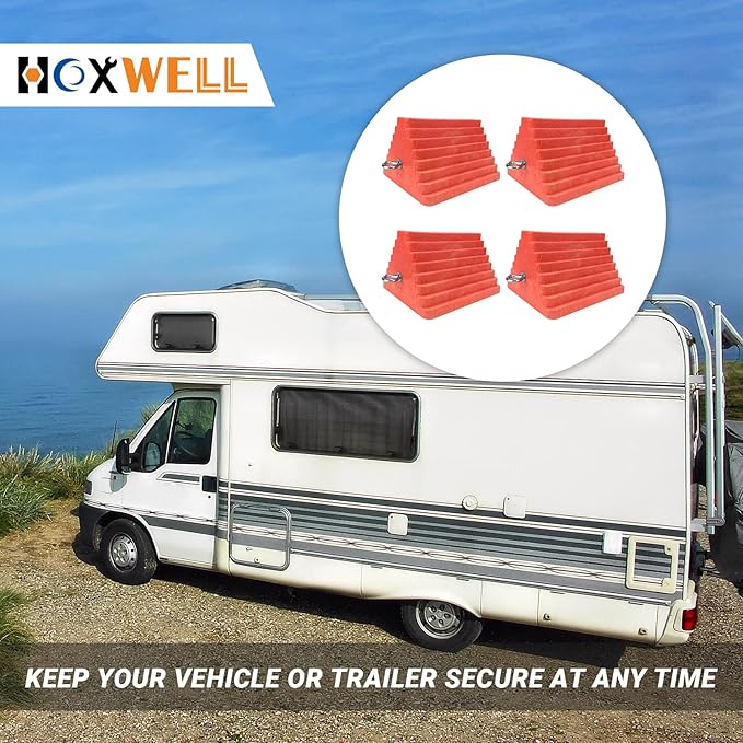 HOXWELL Premium 4 pcs Heavy Duty Wheel Tire Chocks, Vehicle Chocks with Eyebolt for Travel Trailers, Camper, Truck, Car and ATV 4 Pack, Orange