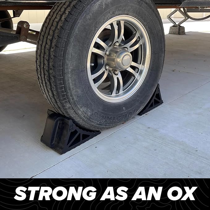 EKON OX BLOX Heavy Duty Wheel Chocks with Handle 2-Pack - Wide 6" Footprint with Grooves to Prevent Tires from Slipping - Campers, Trailers & RV Wheel Chocks - 100% Recycled Rubber Wheel Chocks
