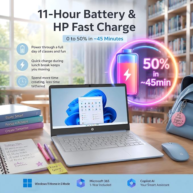 HP 14 Laptop for Students and Home Use, Intel Processor N150, 16GB RAM | 128GB UFS+256GB MSD, 14" HD Display, Wi-Fi 6, 1-Year Microsoft 365, Copilot AI Key, Lightweight, Sky Blue, W/Mouse