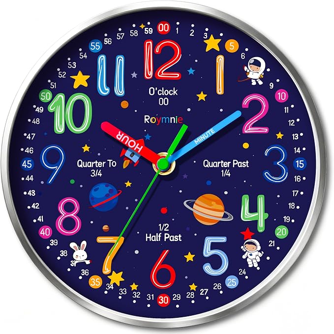 Roymnie Wall Clock Learning to Tell Time Easily Non Ticking Battery Operated