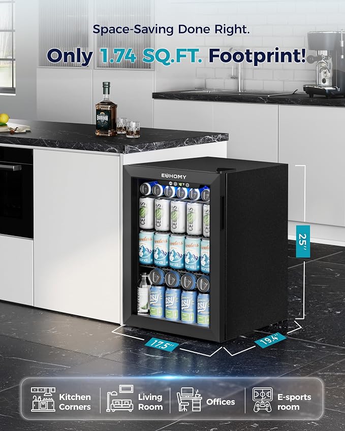 EUHOMY 100 Can Beverage Refrigerator cooler-Mini Fridge Glass Door for Beer Drinks Wines, Freestanding Beverage Fridge with Adjustable Shelves Blue LED for Home/Office/Dorm/Bar, 2.7 cu.ft