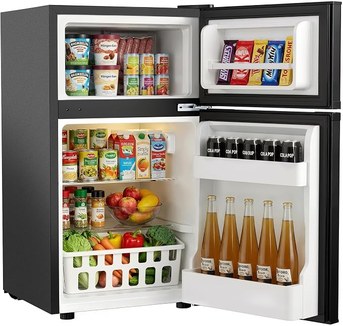 3.2 Cu.Ft Mini Fridge with Freezer, 2 Door Small Refrigerator with Adjustable Thermostat & Removable Glass Shelves, Mini Refrigerator for Dorm Office Kitchen, Black