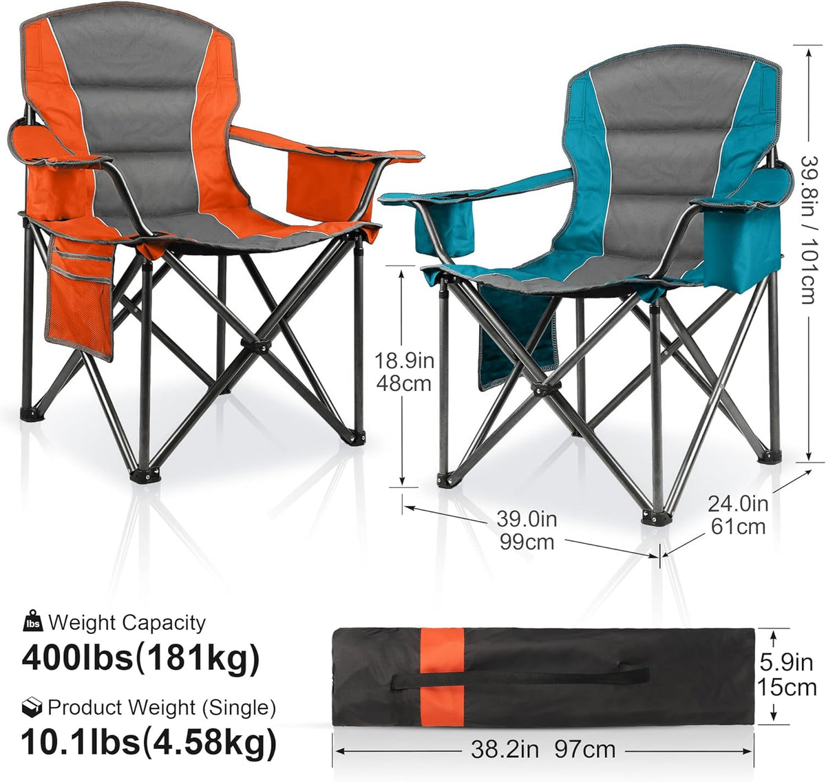 Skiennix Padded Oversized Camping Chairs - Heavy Duty 400 Lbs Support | Folding Portable with Cup Holder & Cooler Bag (Orange & Blue)