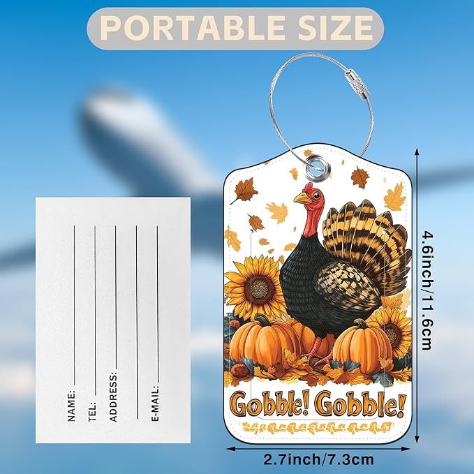 2 Pack Autumn Turkey and Pumpkin Luggage Tags for Suitcases Sunflower Leather Luggage Tags Privacy Cover ID Label with Stainless Steel Loop and Address Card for Women Men Travel Bag Backpack