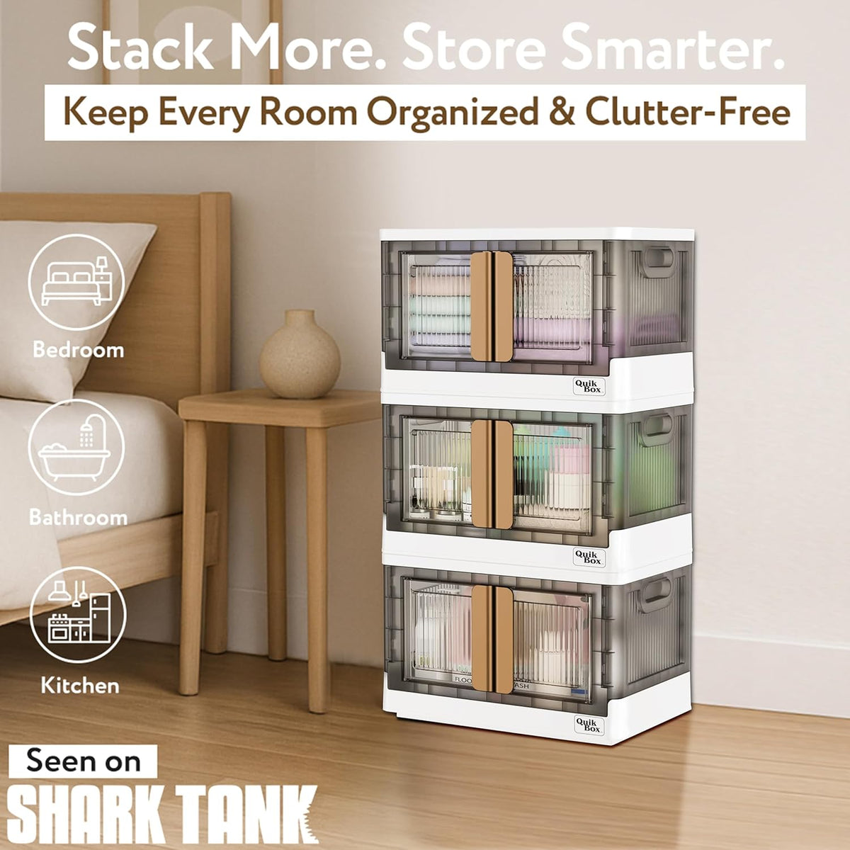 Quik Box - 8.5 Gallon Stackable Storage Bins with Doors & Wheels - Collapsible Organizer for Dorms, Bedroom & Home - Durable Polystyrene - White