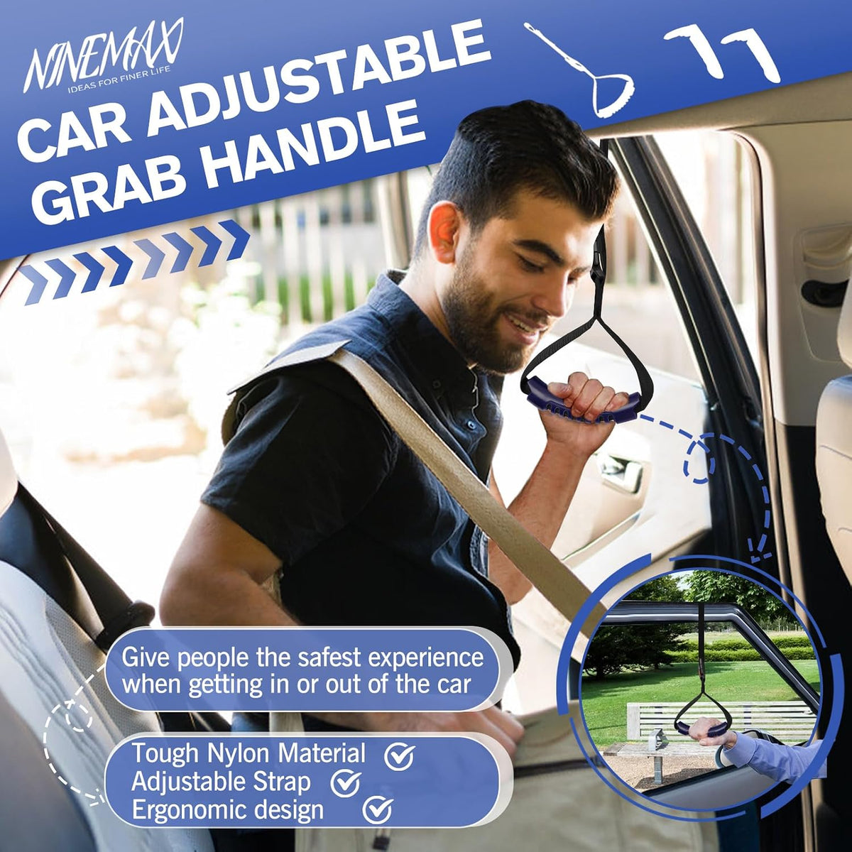 NINEMAX Car Door Assist Handle for Elderly & Handicap, (1 pc with Strap) | Stable Support for Easy Vehicle Entry, Universal Fit for Most Cars, Lightweight & Portable, Non-Slip Grip, Tool-Free Setup