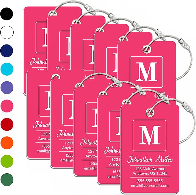 Personalized Luggage Tag | 10 Pack | Custom Luggage Tags for Suitcases | Kids Backpack Tag | 10 Color Options & Choose Font, Font Color
