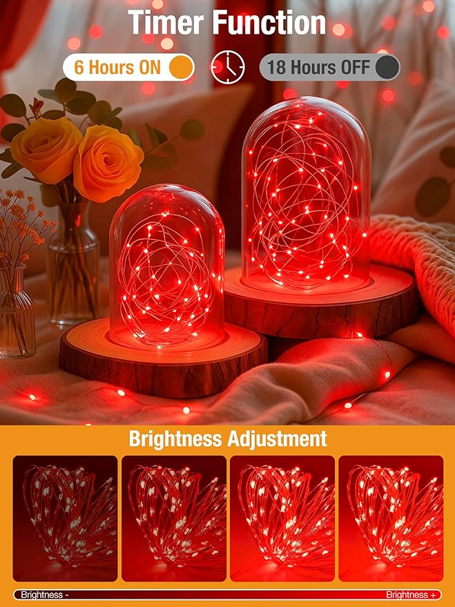 btfarm Valentines Day Fairy Lights Battery Operated with Timer, 16.4 FT 50 LED Silver Wire Twinkle String Lights 8 Modes Dimmable Waterproof for Indoor Home Party Christmas Bedroom Wedding, Red