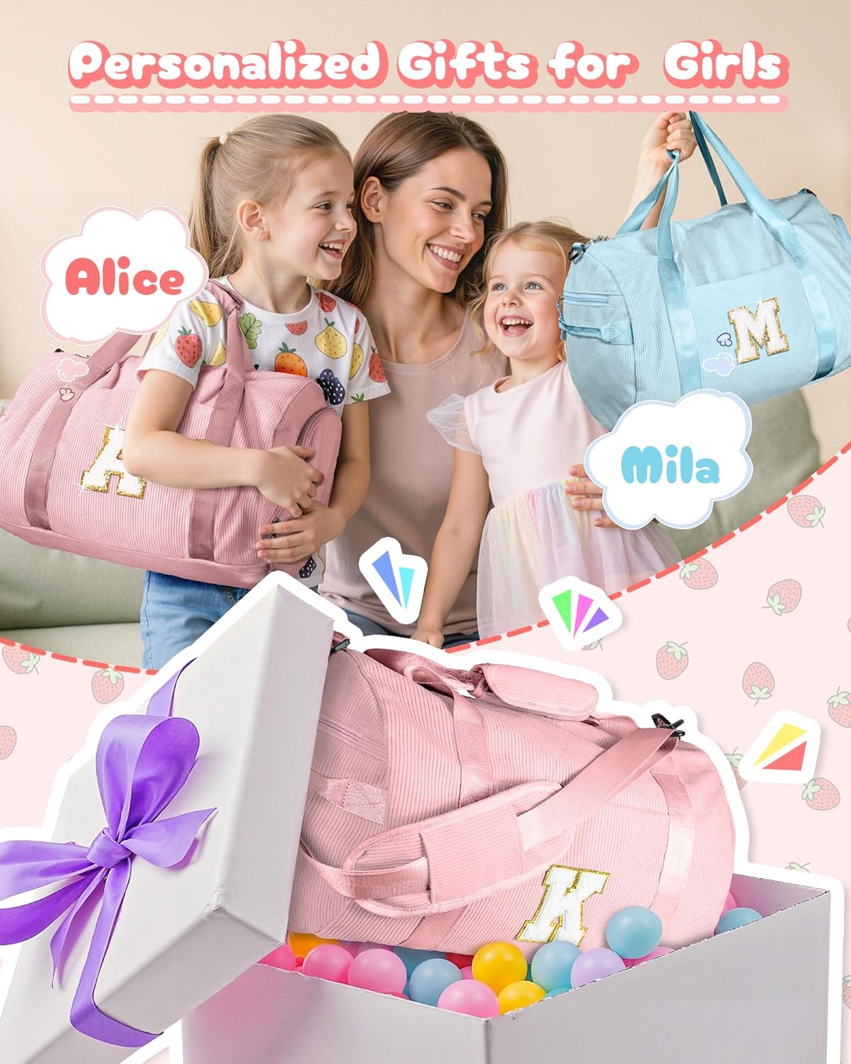 Skiennix Personalized Dance Gym Bag - Kids Duffle with Shoe Compartment & Toiletry Bag | Gift for Girls Ages 3-8 (Letter Y)