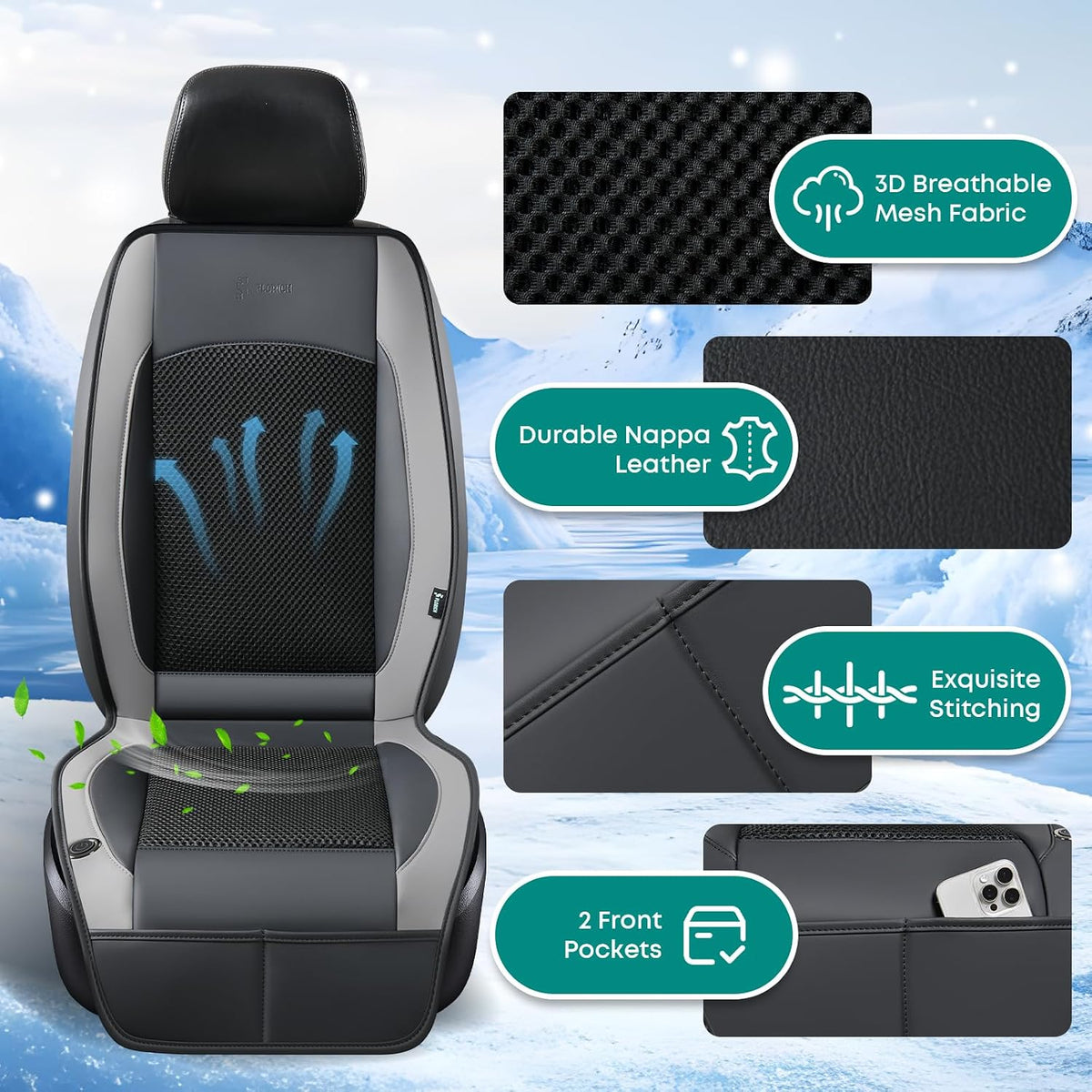 FLORICH Cooling Car Seat Cover Front Seat, 12V-24V Ventilated Seat Cushion, Cooling Car Seat Cushion with 2 Powerful Turbo Fans 3-Speed Adjustable for Summer Driving, Universal Fit for Car SUV Truck